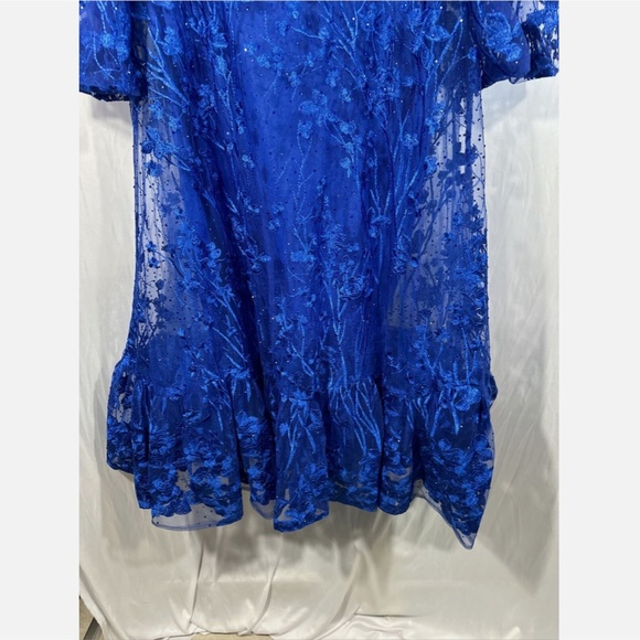 NWT $798 Mac Duggal [ 16 ] V Neck Mesh Puff Sleeve A Line Embellished Dress Blue - Picture 13 of 16